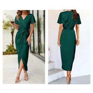 Bodycon Dress Satin V Neck Short Sleeve Ruched Tie Waist Wrap Split Midi Dresses